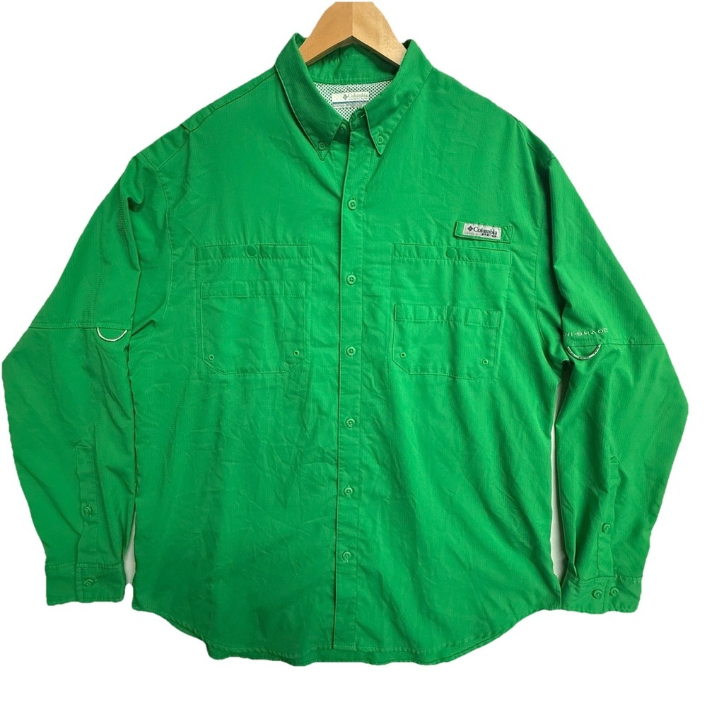 Columbia PFG Shirt Mens Large Green Omni Shade Fishing Vented Button Up